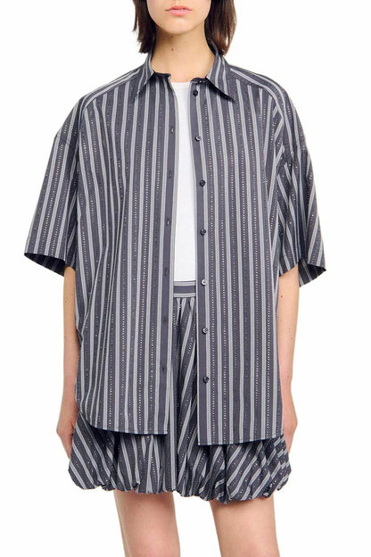 Oversized Striped Rhinestone Shirt in Grey