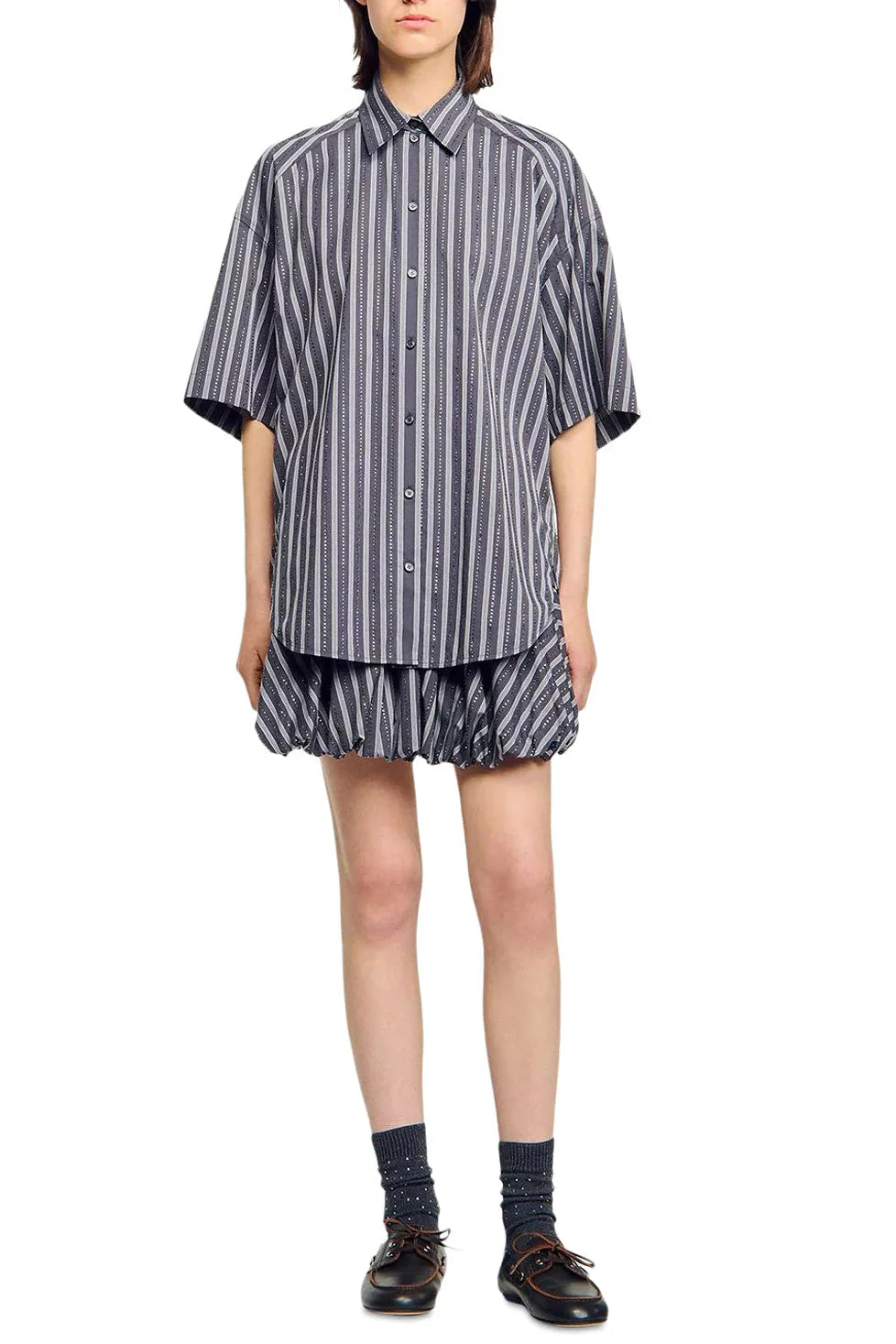 Oversized Striped Rhinestone Shirt in Grey Avalabel