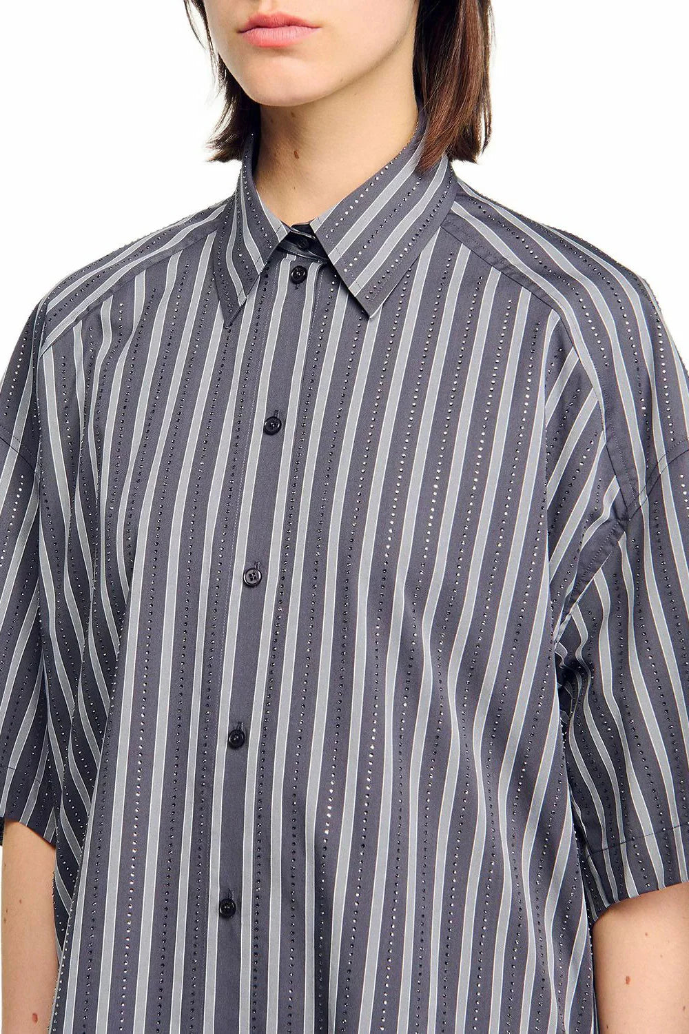 Oversized Striped Rhinestone Shirt in Grey Avalabel