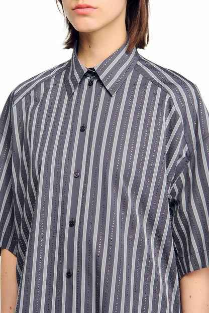 Oversized Striped Rhinestone Shirt in Grey