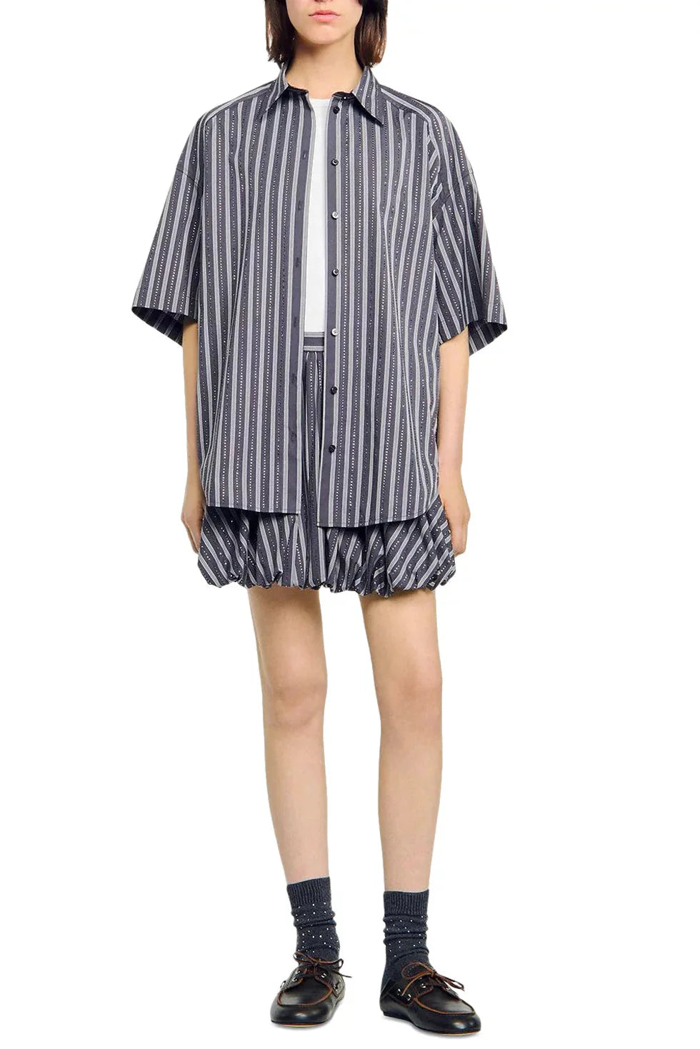 Oversized Striped Rhinestone Shirt in Grey Avalabel