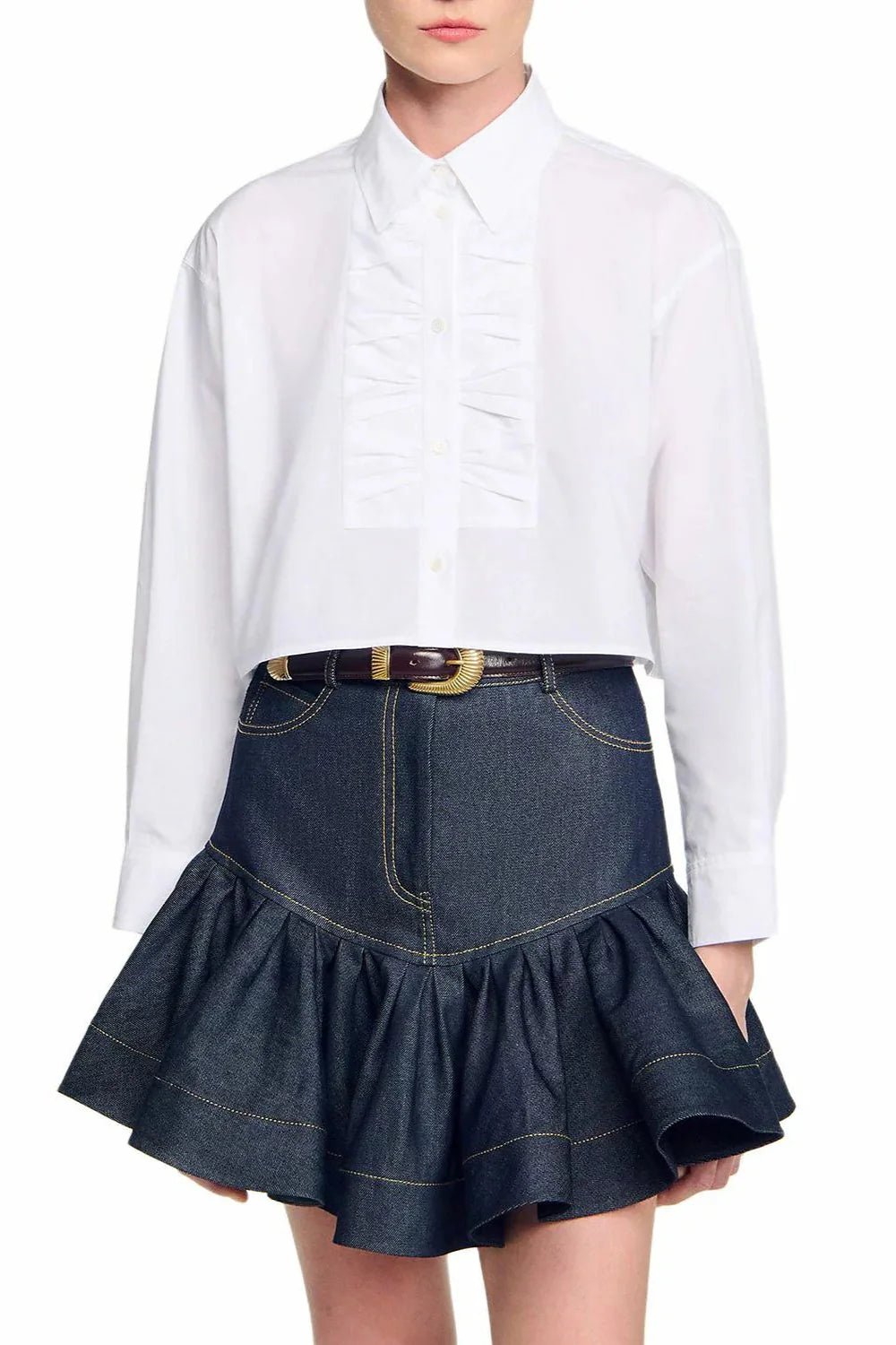Ruffled Mini Denim Skirt in Deep Blue Avalabel