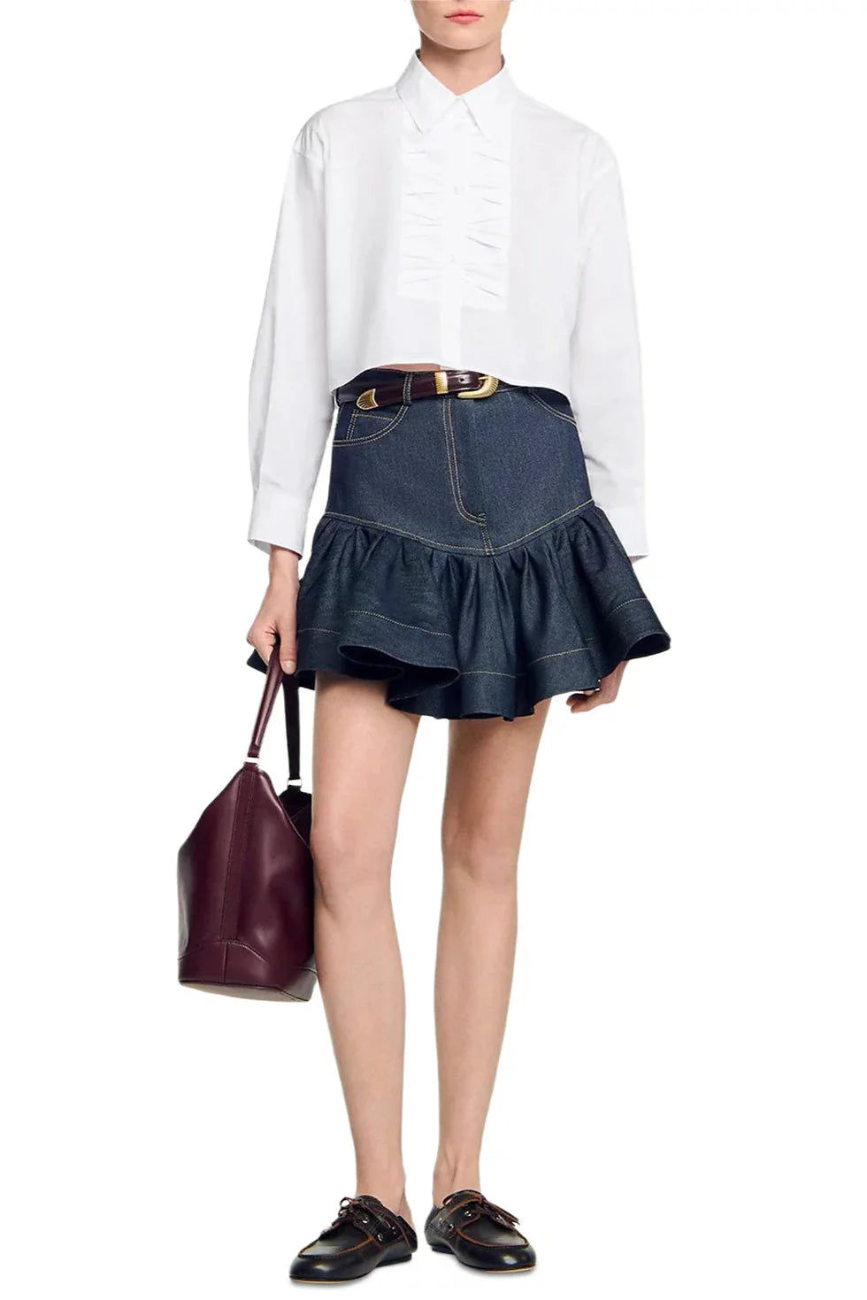 Ruffled Mini Denim Skirt in Deep Blue Avalabel