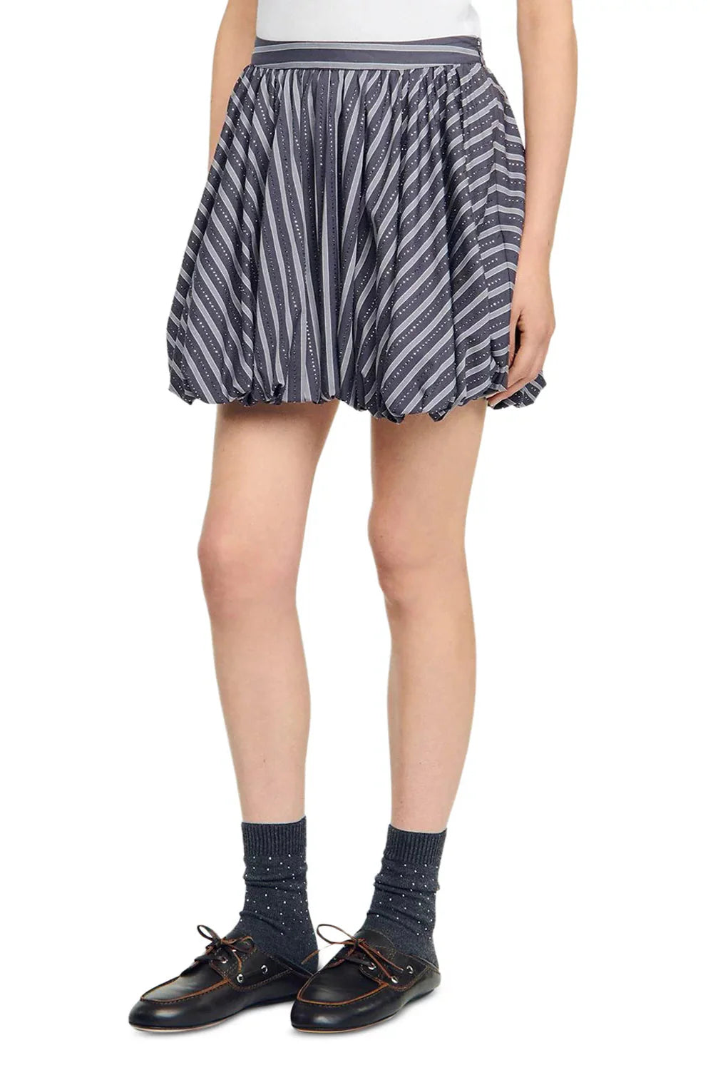 Striped Rhinestone Bubble Hem Skirt in Grey Avalabel