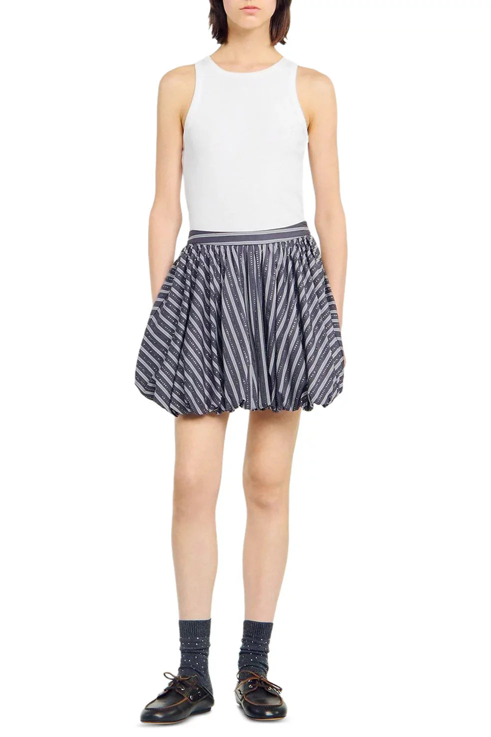 Striped Rhinestone Bubble Hem Skirt in Grey Avalabel