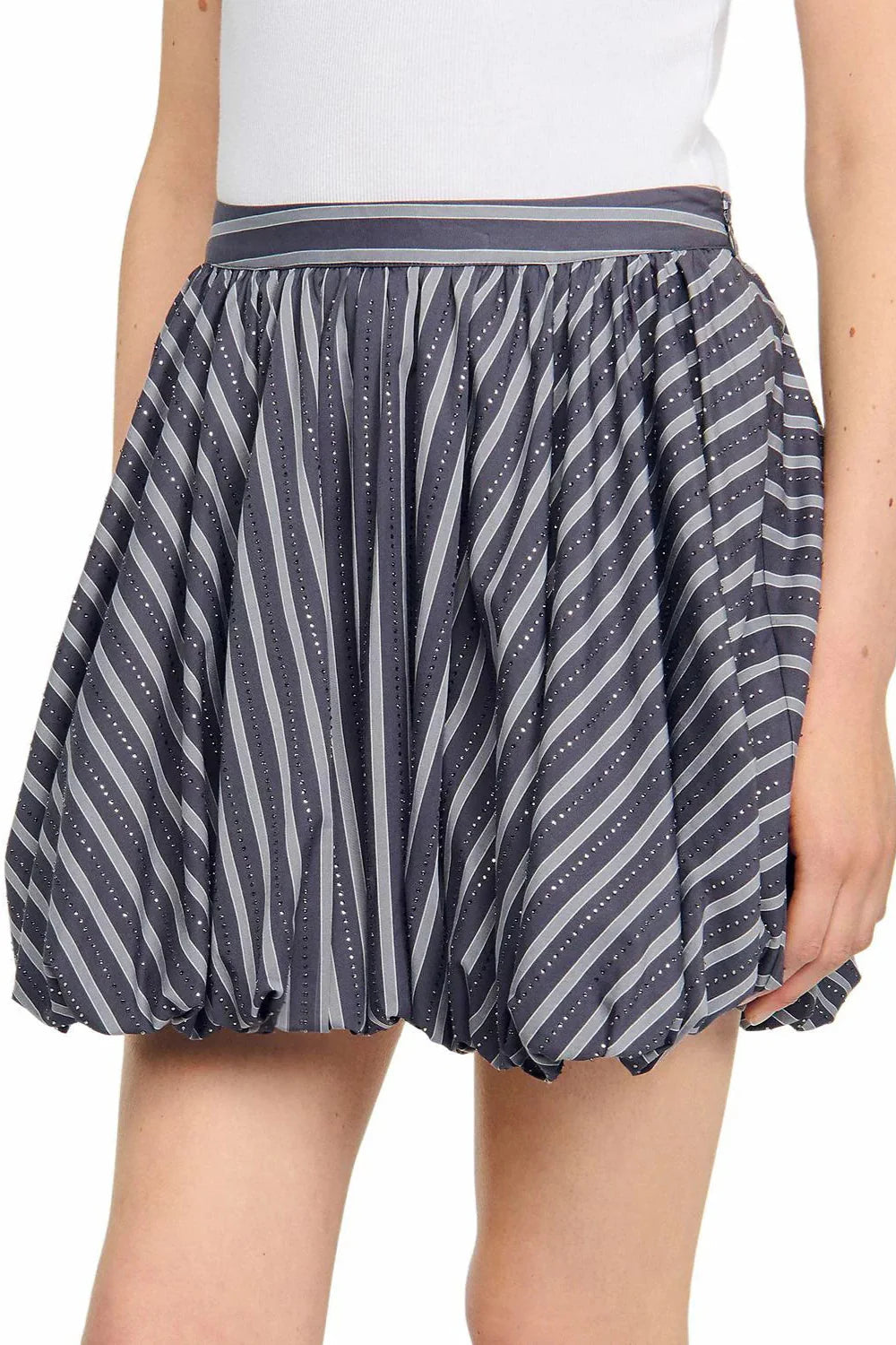 Striped Rhinestone Bubble Hem Skirt in Grey Avalabel
