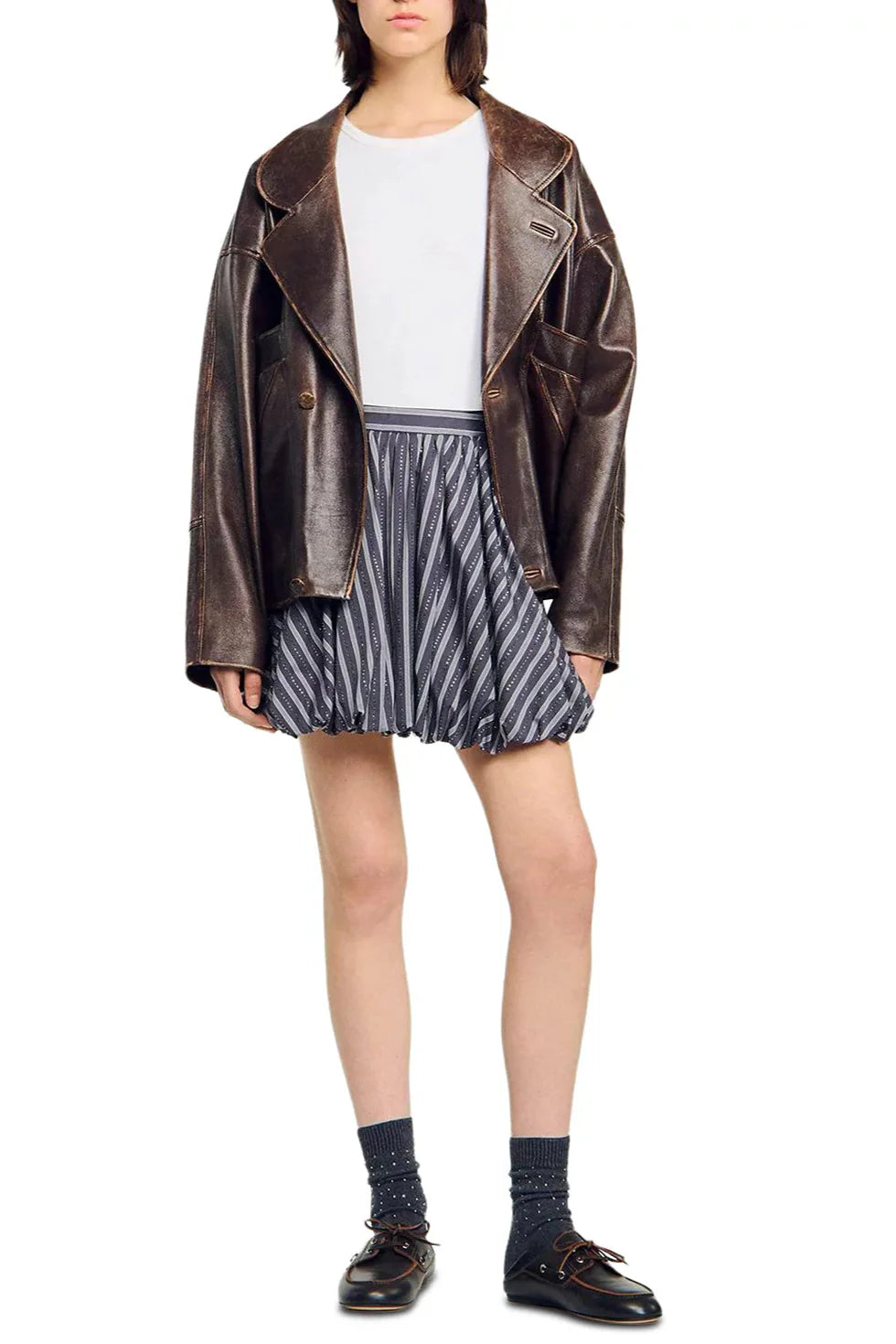 Striped Rhinestone Bubble Hem Skirt in Grey Avalabel