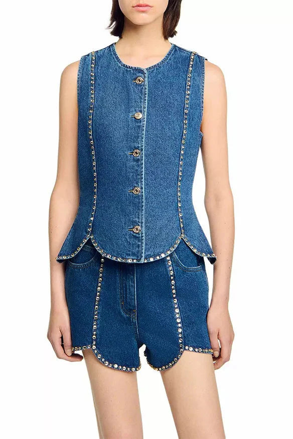 Rhinestone Denim Top in Blue Avalabel