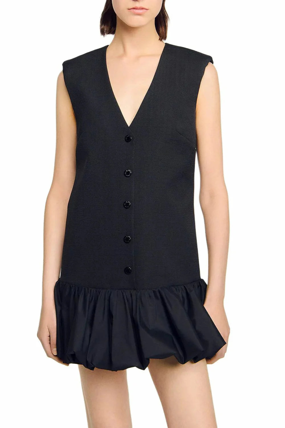 Button Front Bubble Hem mini Dress in Black Avalabel