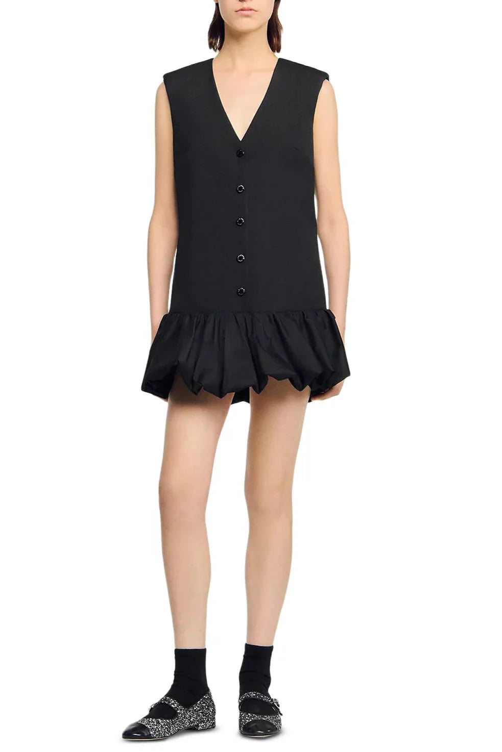 Button Front Bubble Hem mini Dress in Black Avalabel