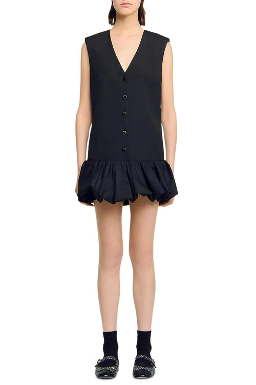Button Front Bubble Hem mini Dress in Black Avalabel