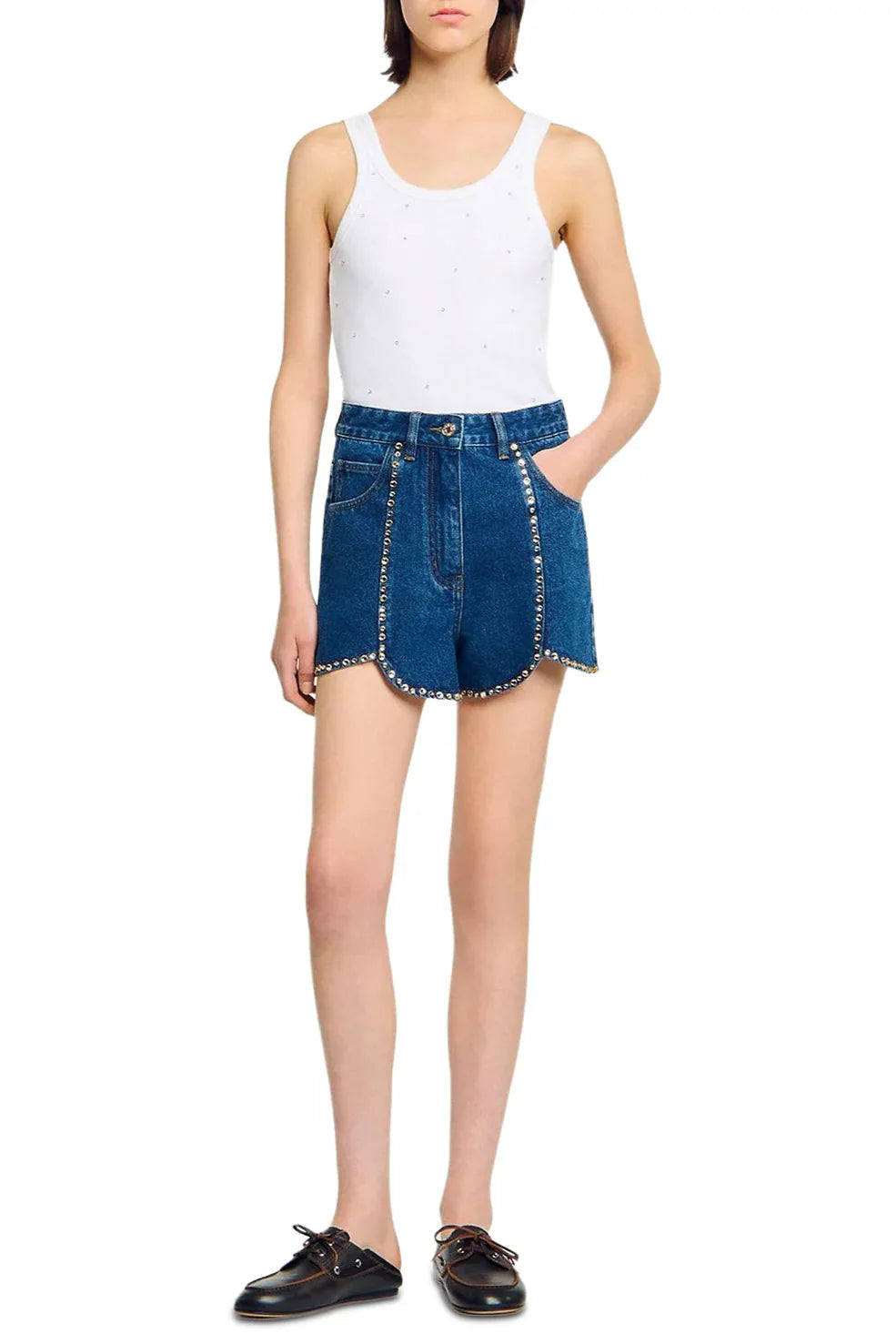 Rhinestone Denim Shorts in Blue Avalabel