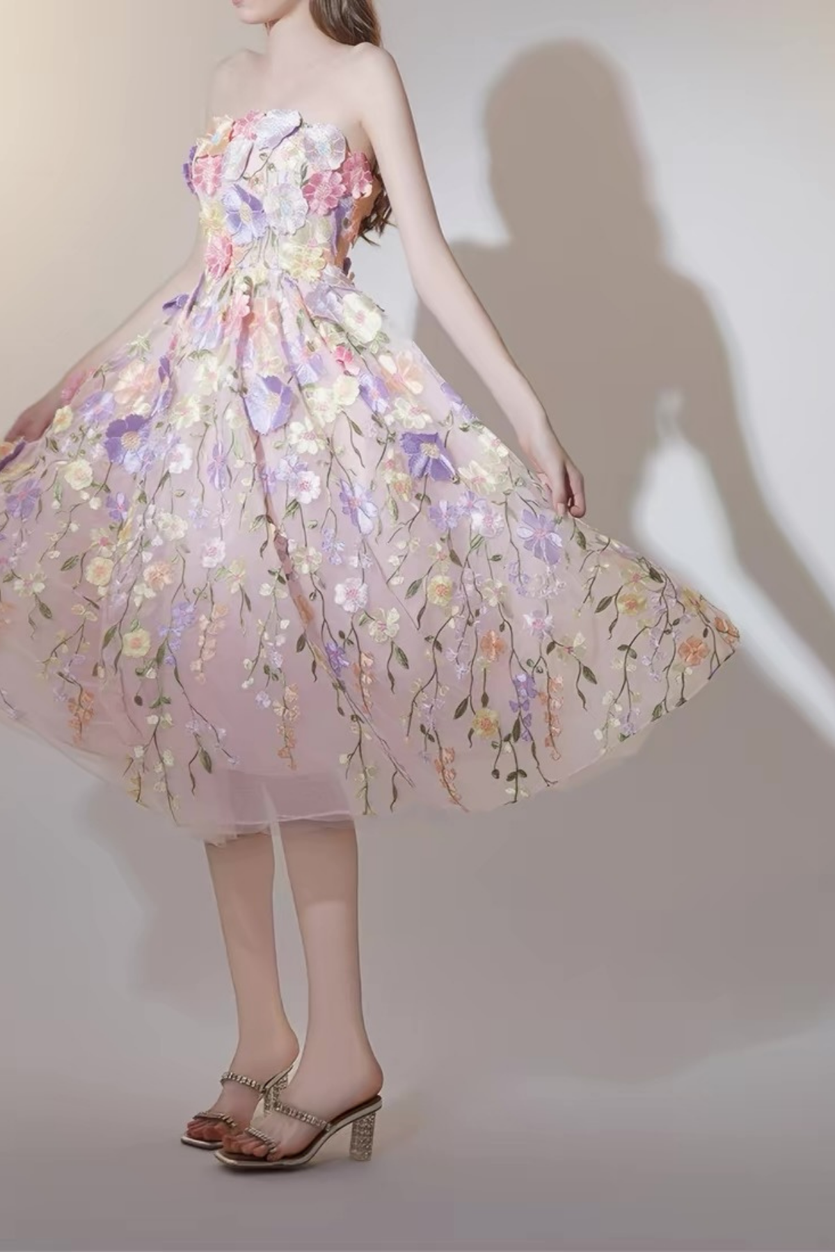 Thea French Style Heavy Craft 3D Floral Strapless Tulle Dress