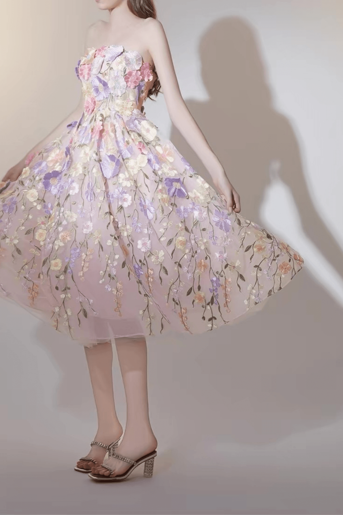 Thea French Style Heavy Craft Strapless Floral Tulle Dress - Avalabel