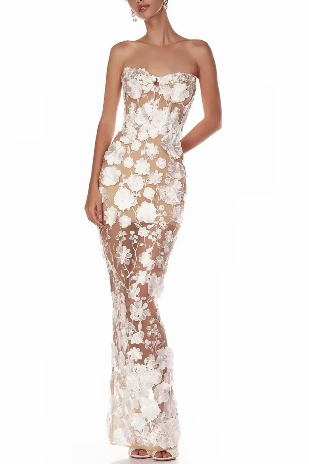 Jenny Strapless Illusion Mesh 3D Flower Mermaid Dress Avalabel