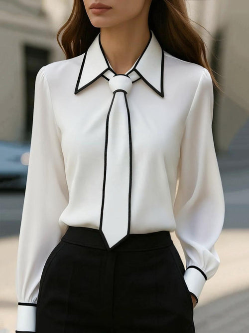 Chic Contrast Trim Tie-Neck Blouse Avalabel