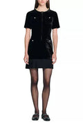 riva Pleated trim patchwork velvet mini dress in black Avalabel