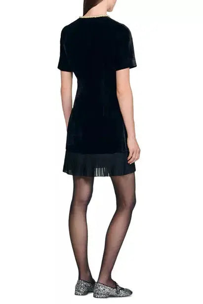 riva Pleated trim patchwork velvet mini dress in black Avalabel