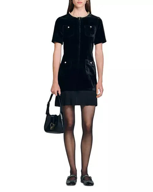 riva Pleated trim patchwork velvet mini dress in black Avalabel