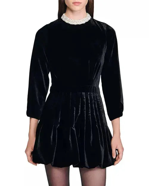 sheila Beaded Velvet puffy mini Dress in black Avalabel