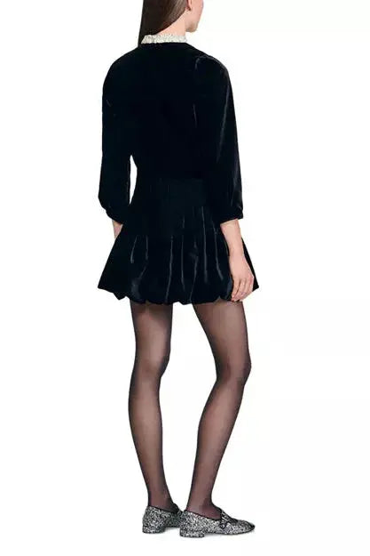 sheila Beaded Velvet puffy mini Dress in black Avalabel