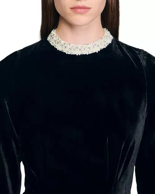 sheila Beaded Velvet puffy mini Dress in black Avalabel