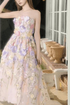 Thea French Style Heavy Craft Strapless Floral Tulle Dress - Avalabel