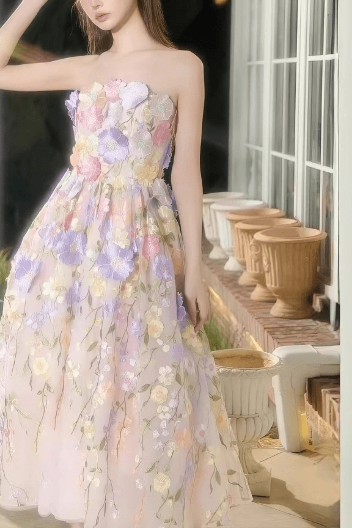 Thea French Style Heavy Craft Strapless Floral Tulle Dress - Avalabel
