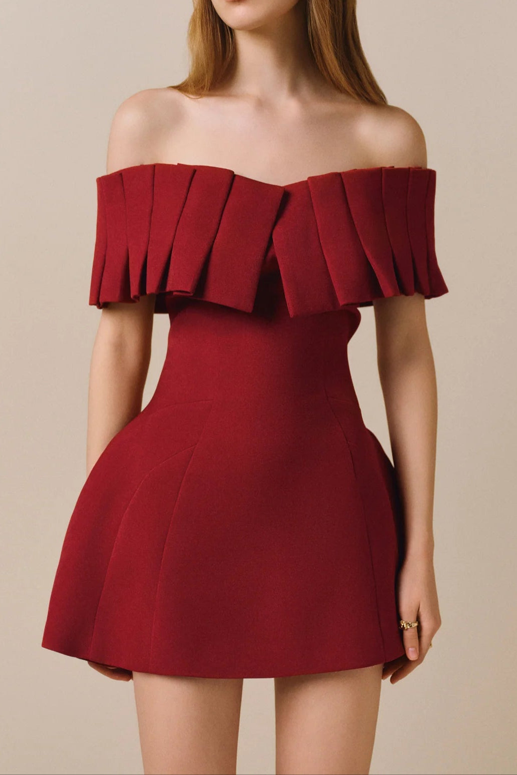 Marcia Off-Shoulder Pleated Mini Dress in Red