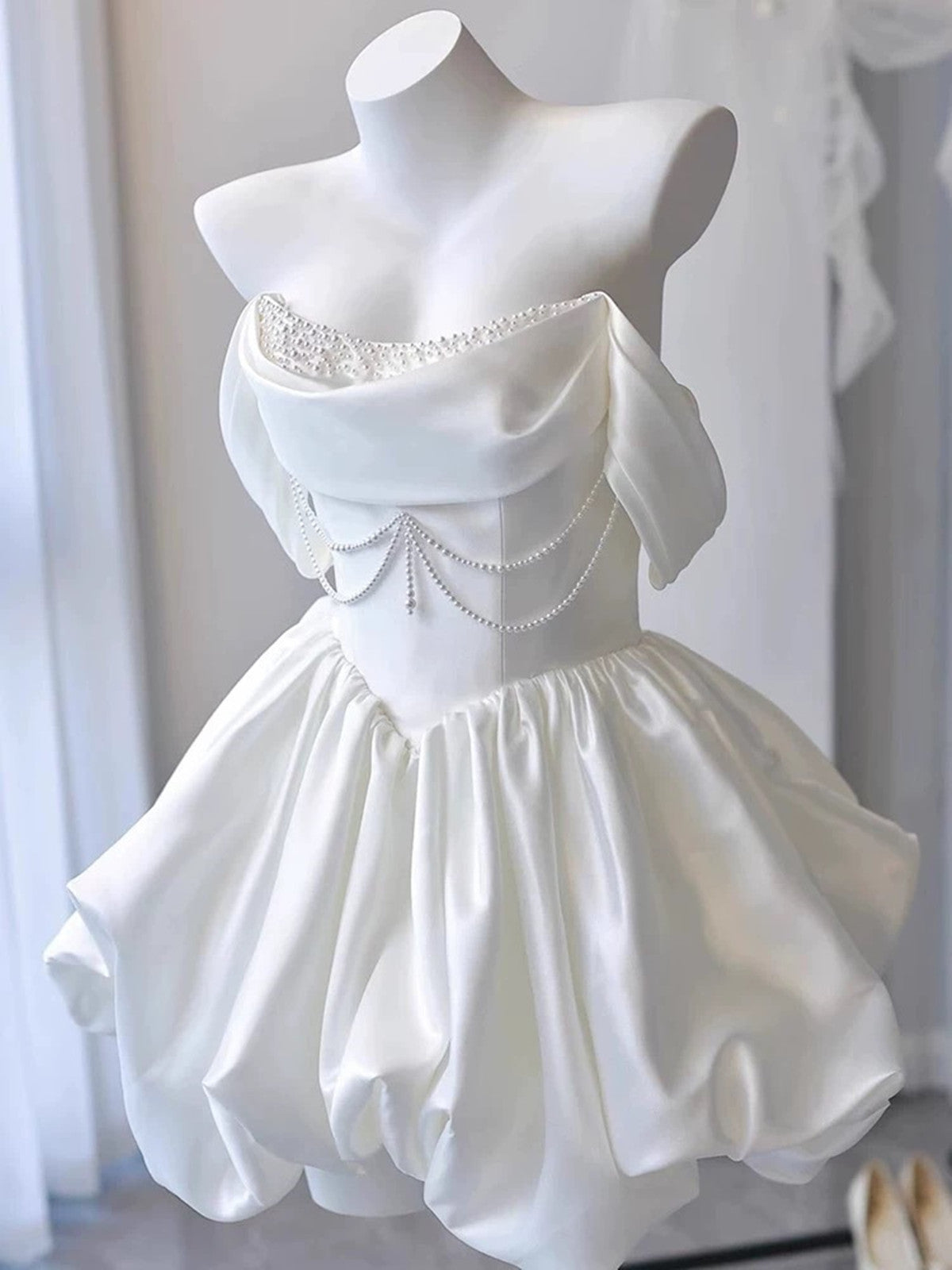 White Satin Beaded Off Shoulder Mini Dress Avalabel