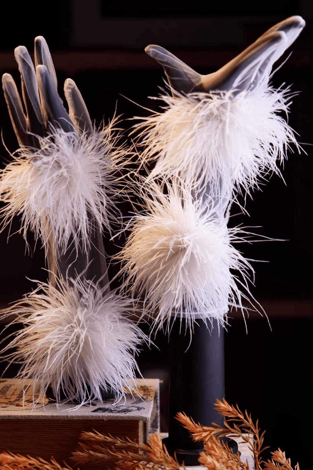 Fluffy Feather Decor Sheer Tulle Long Gloves Avalabel