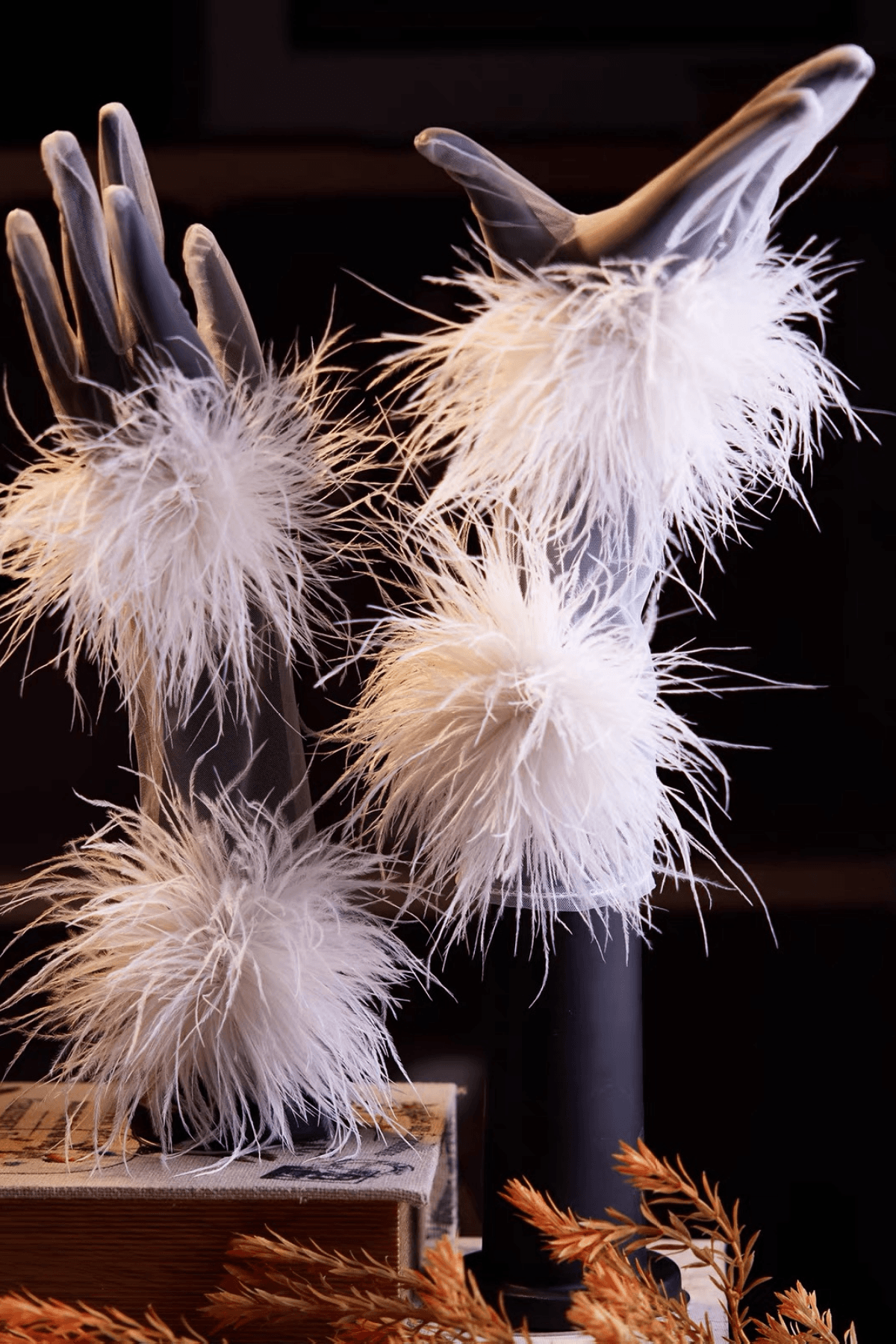 Fluffy Feather Decor Sheer Tulle Long Gloves Avalabel