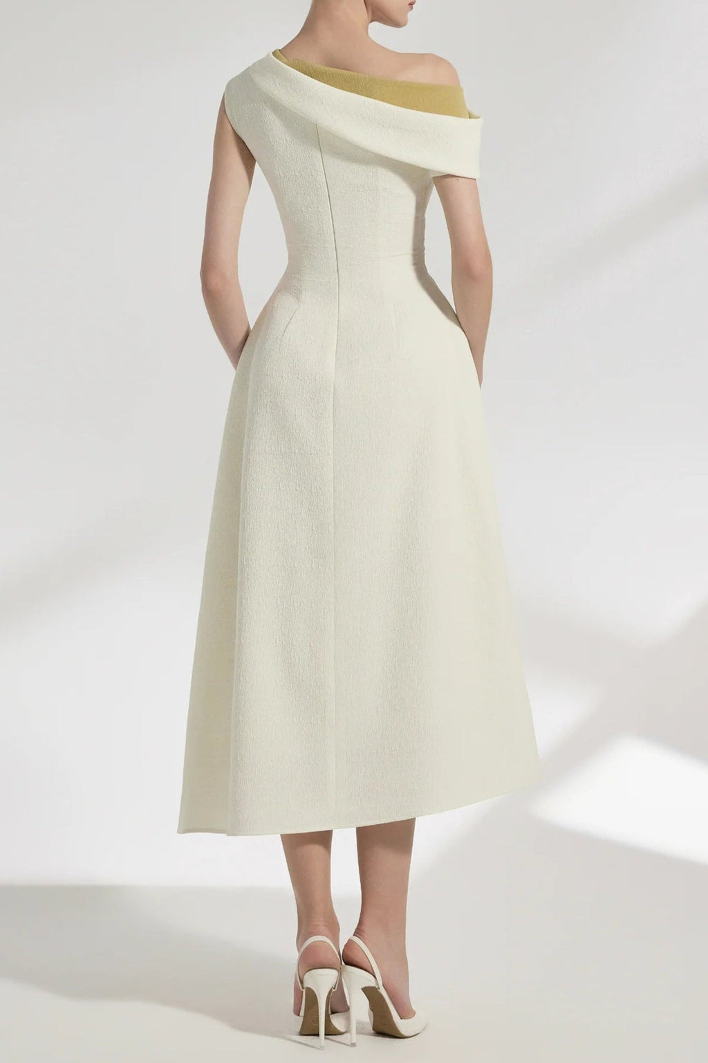 Lucy One-Shoulder A-Line Midi Dress in White Avalabel