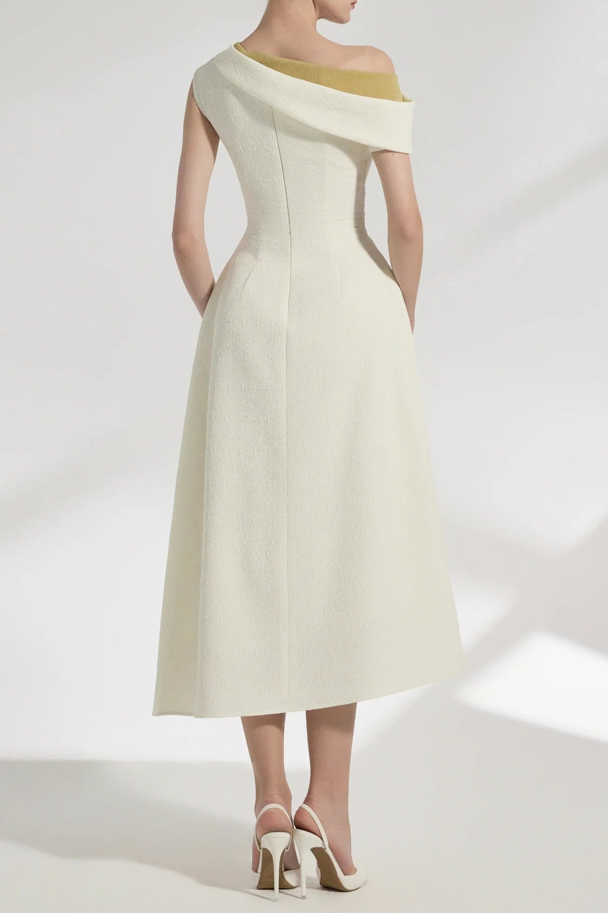 Lucy One-Shoulder A-Line Midi Dress in White Avalabel