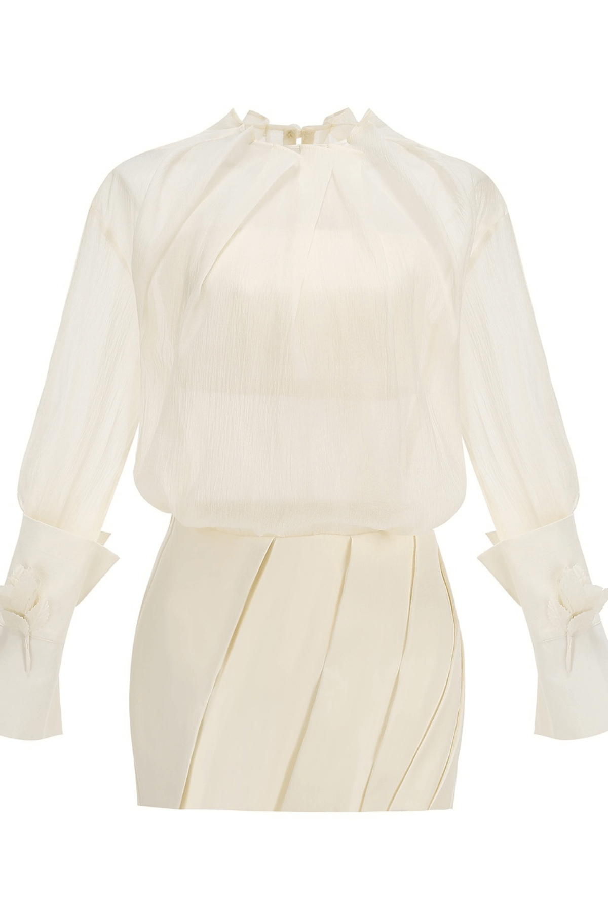 Ivory Bow Detail Long Sleeve Two Piece Skirt Set Avalabel