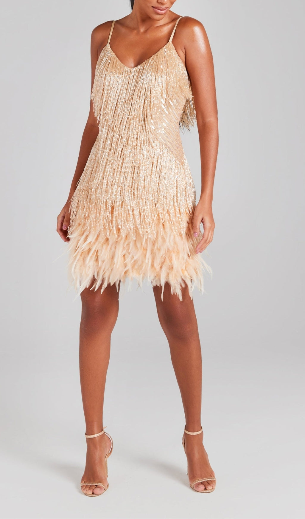 CHAMPAGNE TASSEL FEATHER MINI DRESS Avalabel