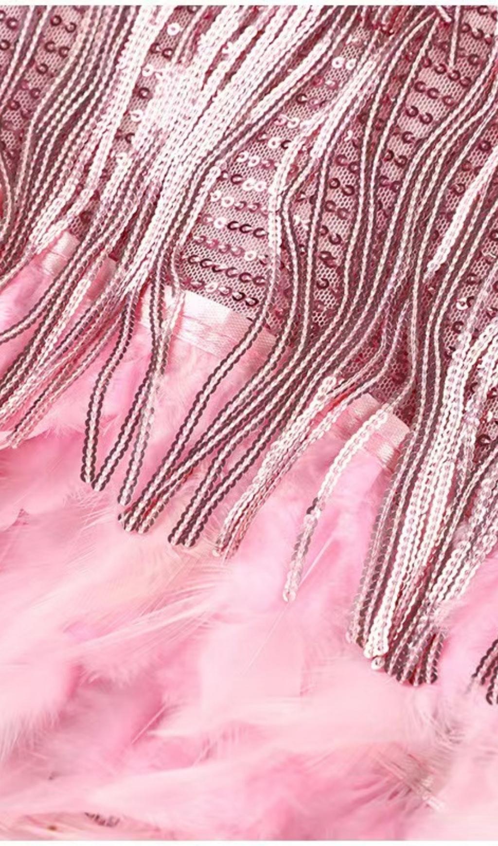 PINK TASSEL FEATHER MINI DRESS Avalabel