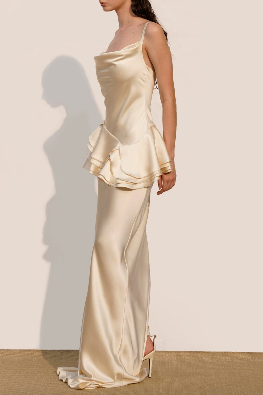 Beverly Splicing Ruffle Silk Maxi Dress in Apricot Avalabel
