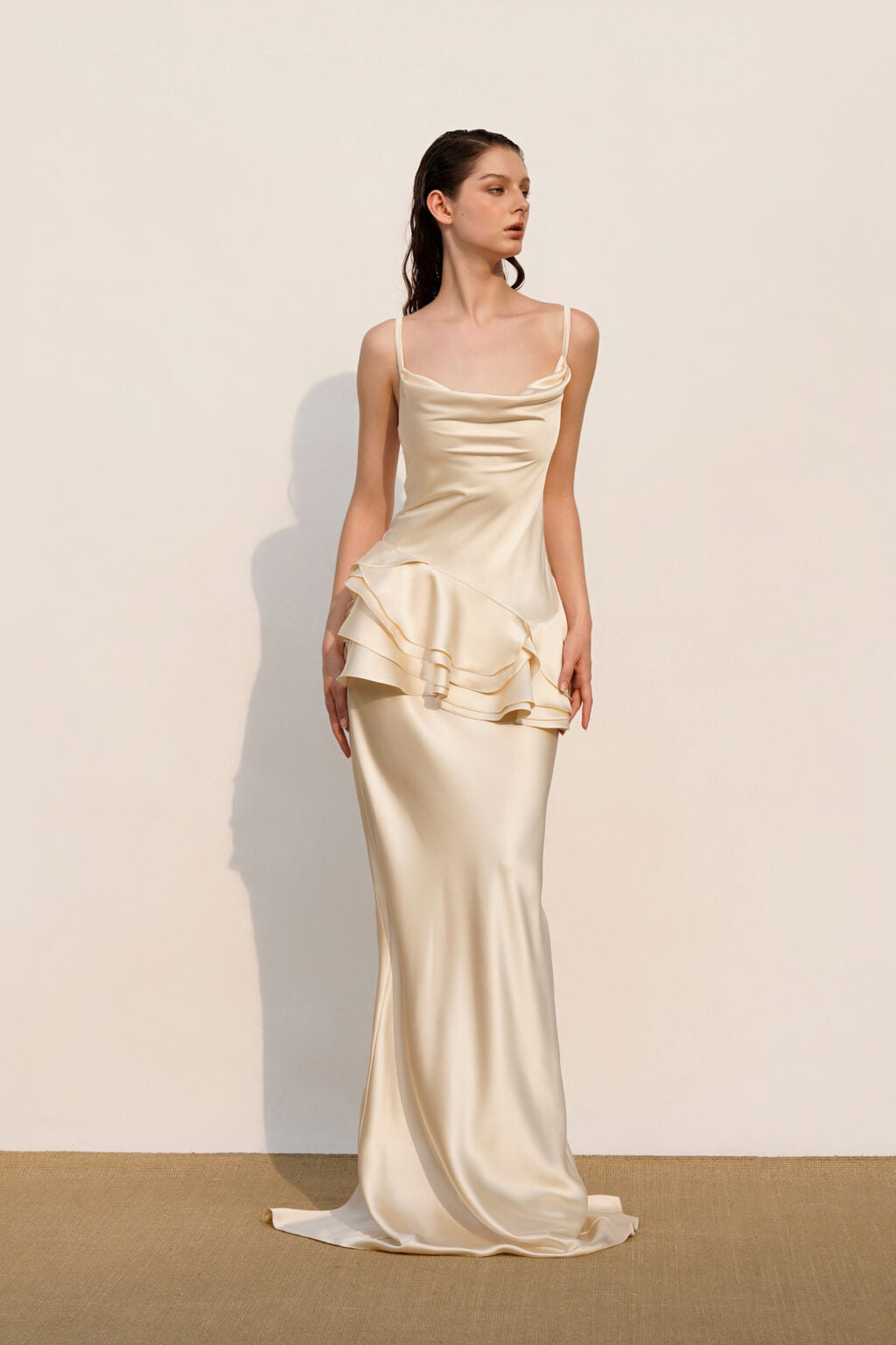 Beverly Splicing Ruffle Silk Maxi Dress in Apricot Avalabel