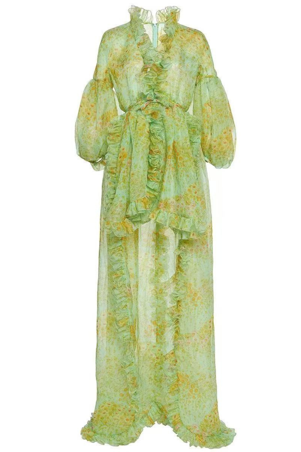 Elara Pastel Green Watercolor Floral Ruffle Dress with Puff Sleeves Avalabel