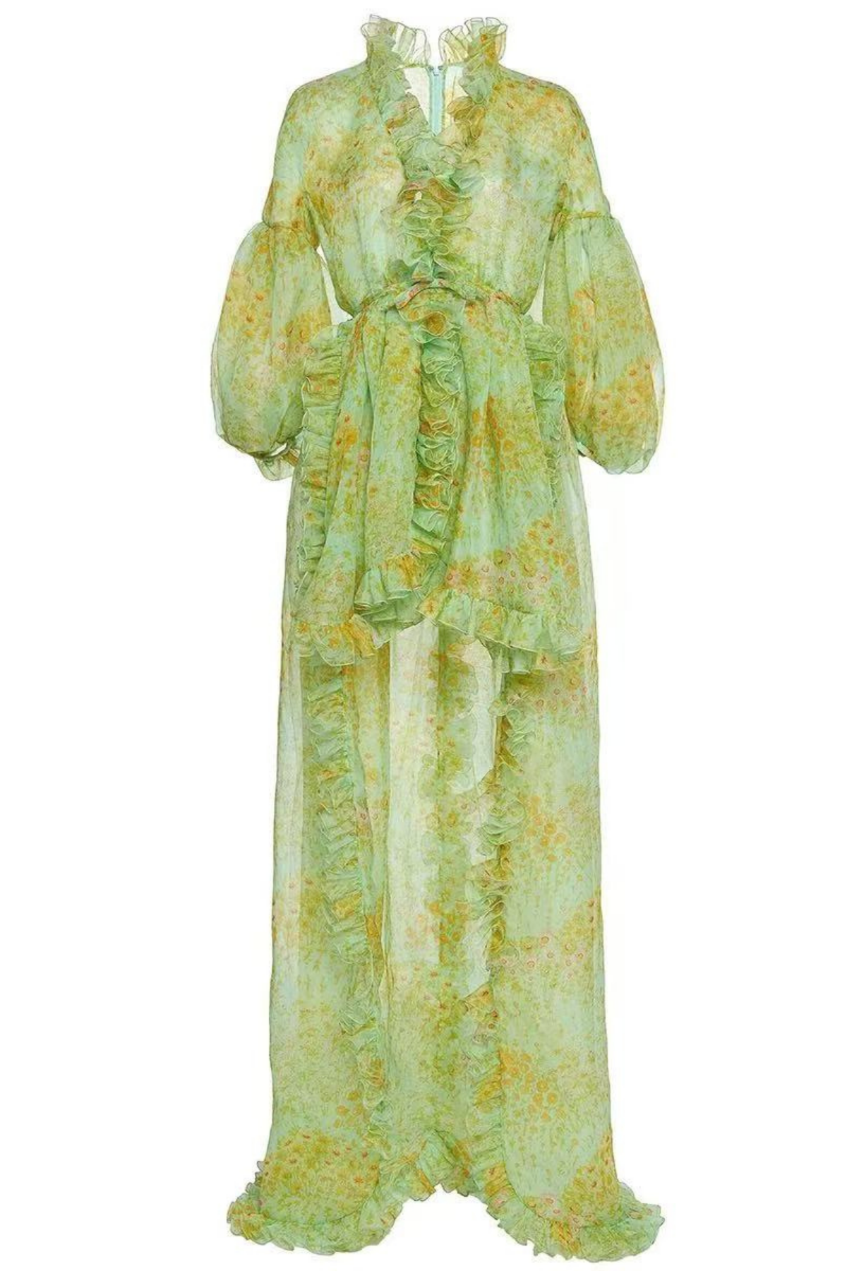 Elara Pastel Green Watercolor Floral Ruffle Dress with Puff Sleeves Avalabel