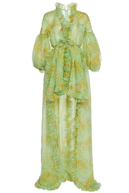 Elara Pastel Green Watercolor Floral Ruffle Dress with Puff Sleeves
