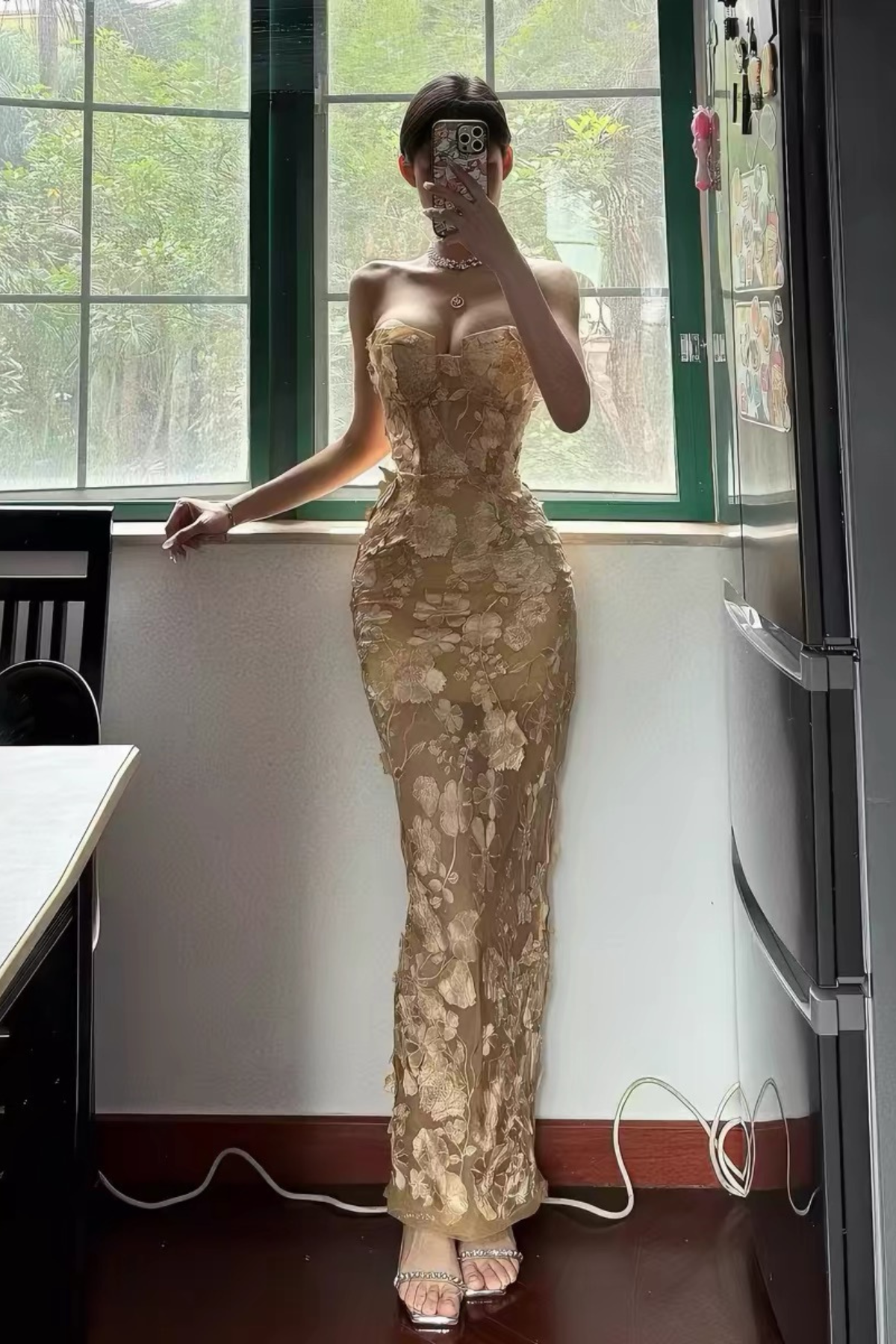 Jenny Strapless Illusion Mesh 3D Flower Mermaid Dress Avalabel