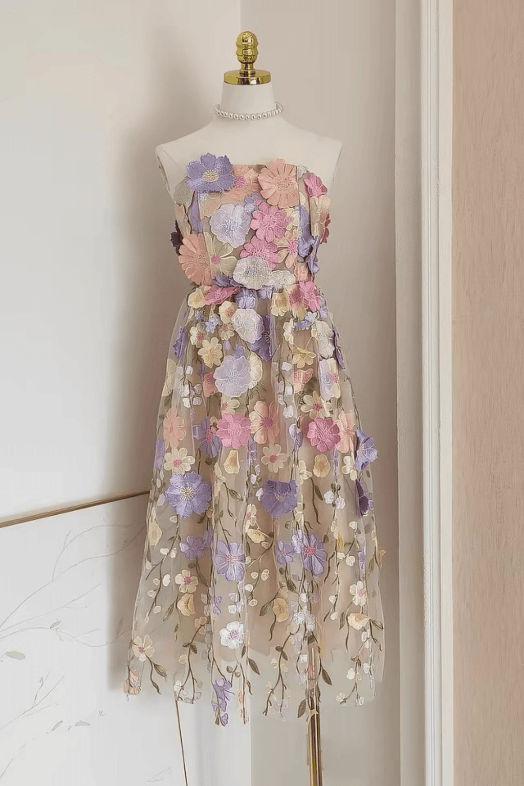 Thea French Style Heavy Craft Strapless Floral Tulle Dress - Avalabel