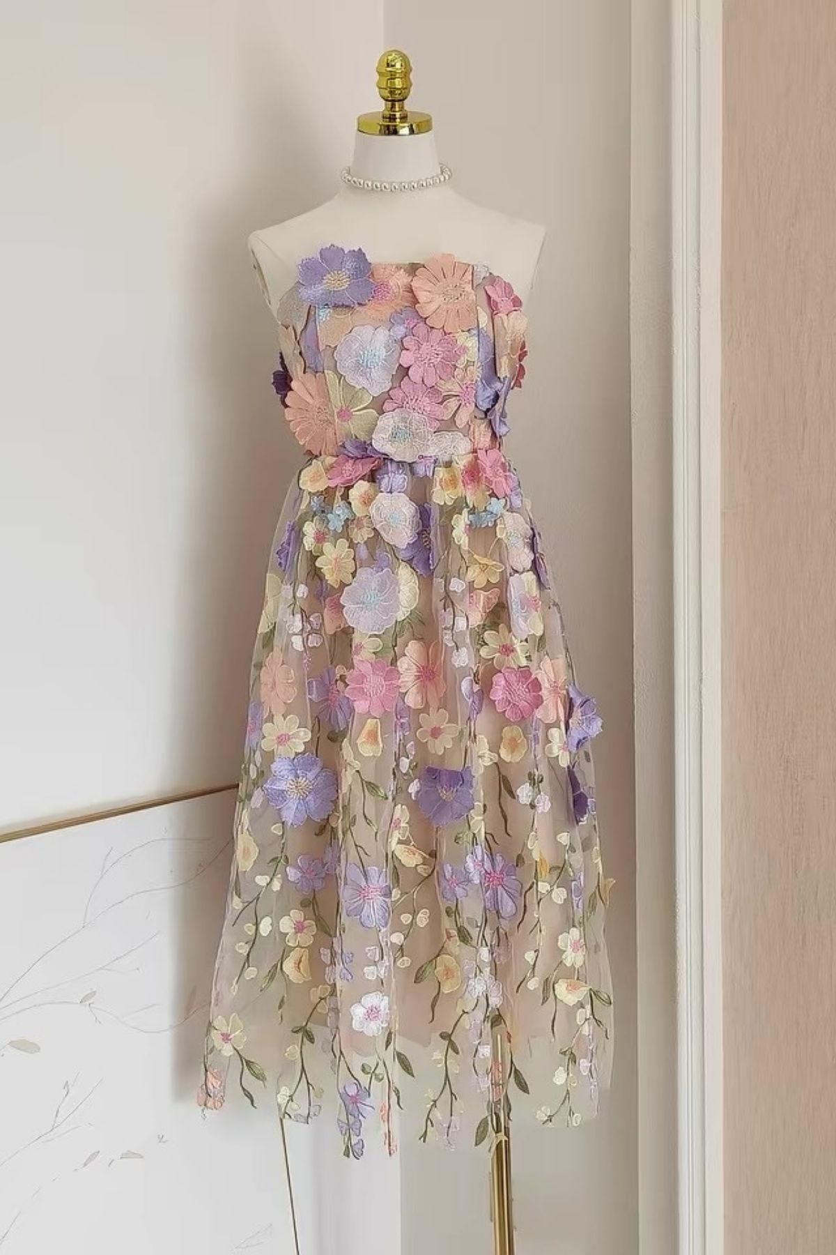 Thea French Style Heavy Craft 3D Floral Strapless Tulle Dress