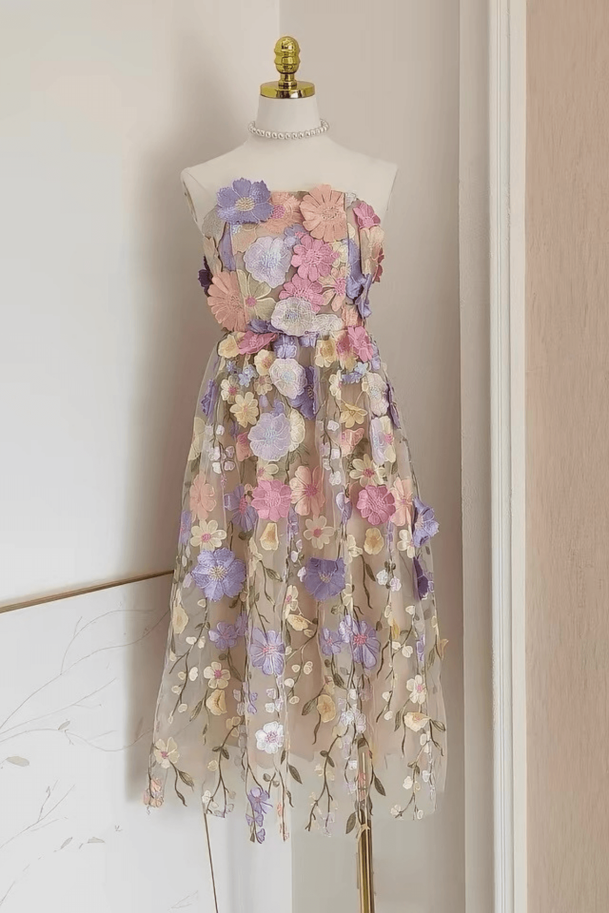 Thea French Style Heavy Craft Strapless Floral Tulle Dress - Avalabel
