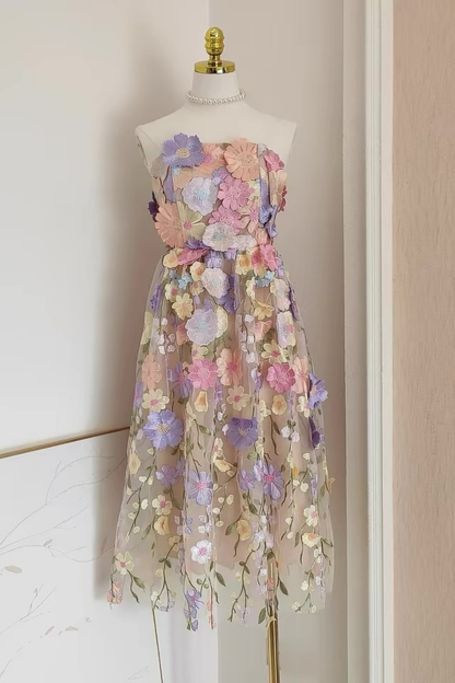 Thea French Style Heavy Craft 3D Floral Strapless Tulle Dress