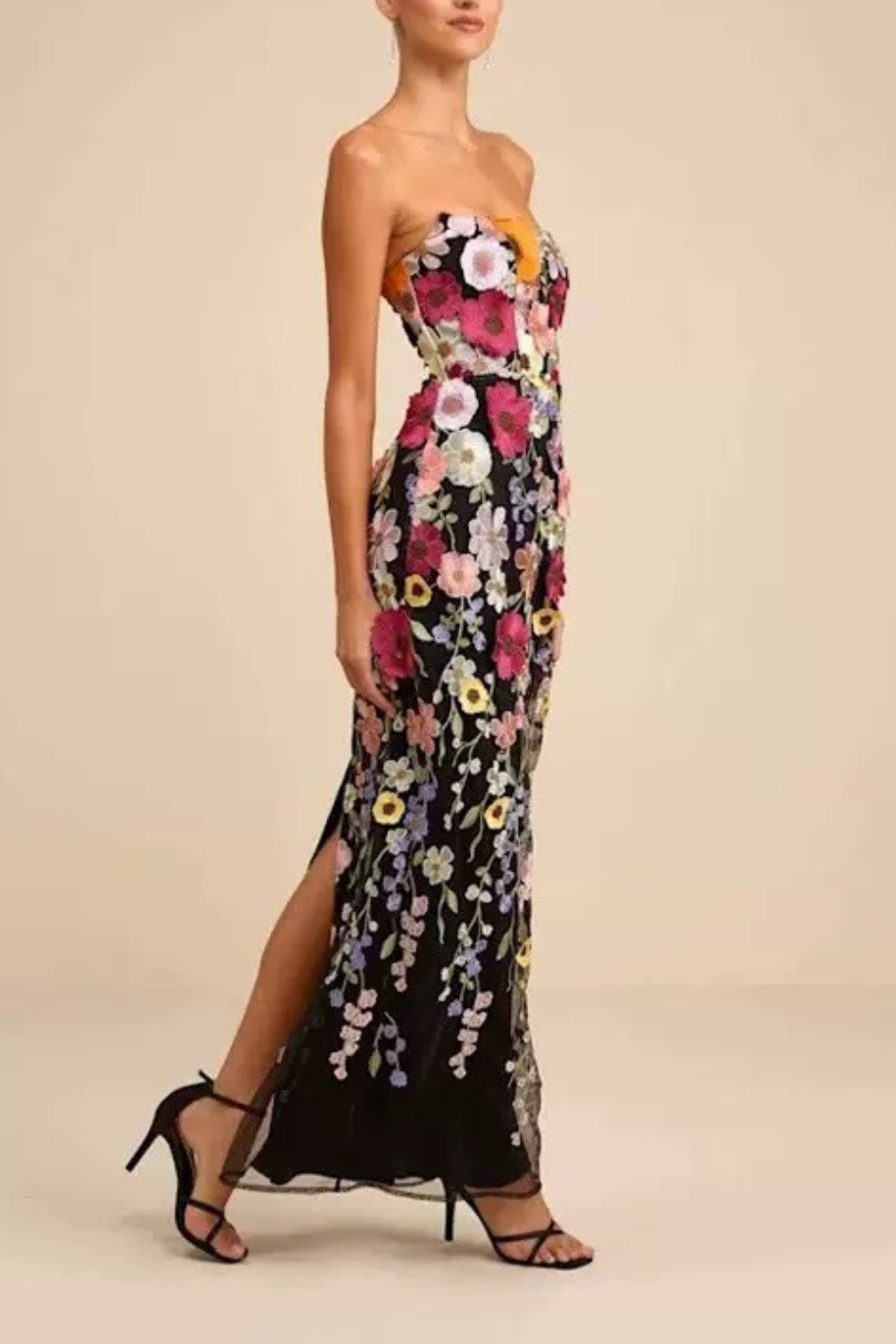 Willa Black Strapless 3D Floral Embroidered Dress Avalabel