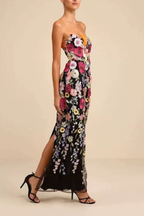 Willa Black Strapless 3D Floral Embroidered Dress Avalabel