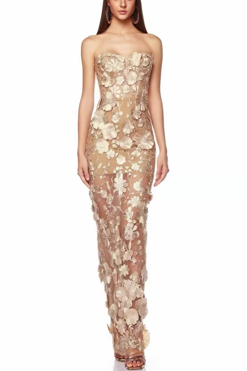 Jenny Strapless Illusion Mesh 3D Flower Mermaid Dress Avalabel